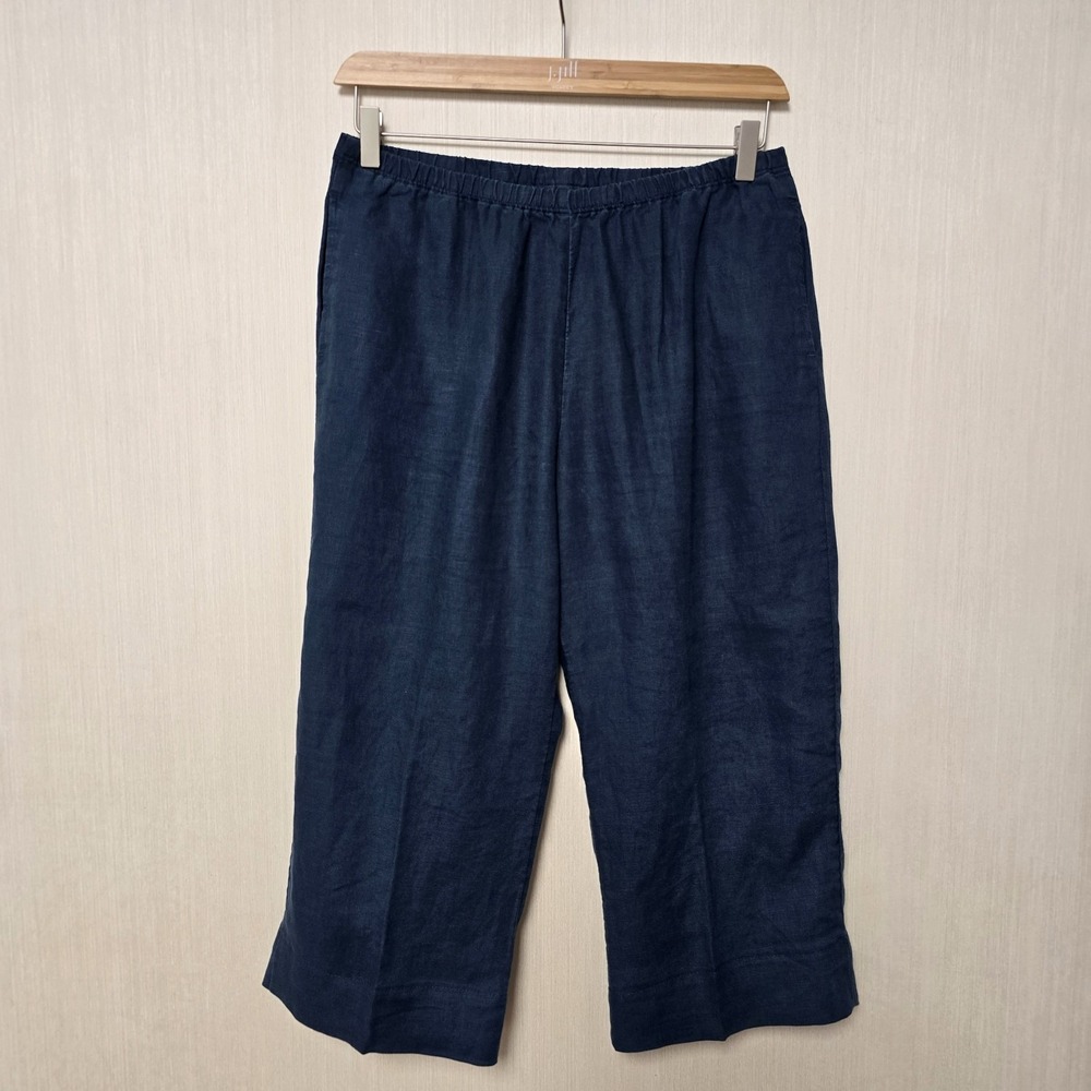 J Jill 100% Linen Crop Pant Size Small Navy Blue Pull-on Straight Leg Pockets
